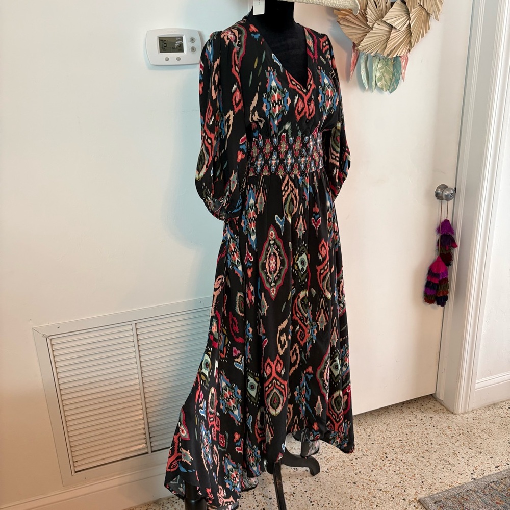 TOLANI Long Black Geometric Tribal Print Asymmetrical Contrast NEW Maxi Dress! - Picture 3 of 16